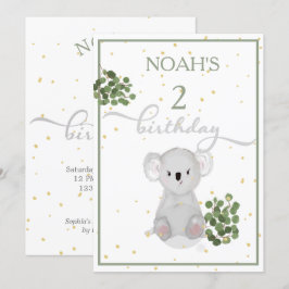 Födelsedag Cute Koala Grönt Löv Guld Inbjudningar