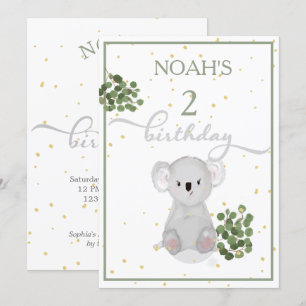 Födelsedag Cute Koala Grönt Löv Guld Inbjudningar
