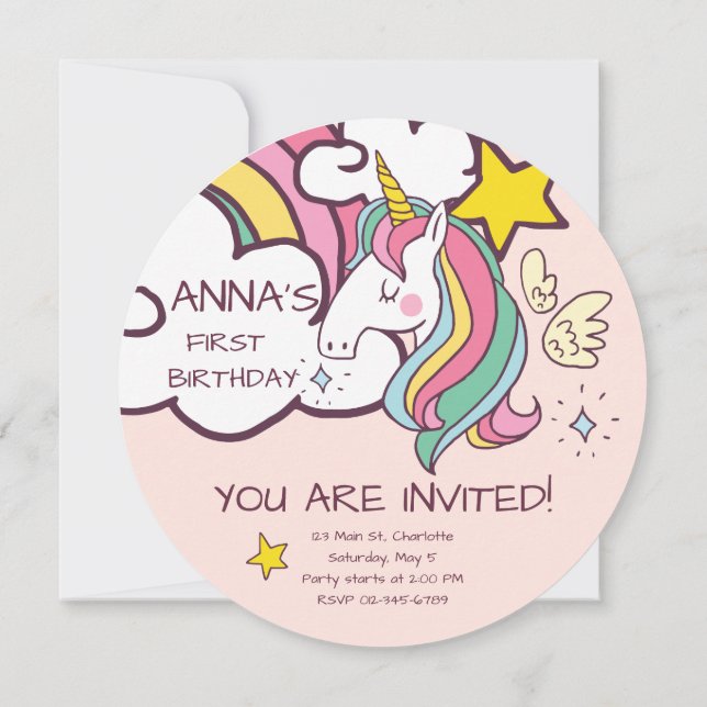 Födelsedag. Cute Unicorn med Cute Hearts. Inbjudningar (Baksida)