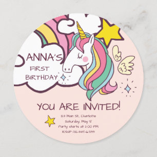 Födelsedag. Cute Unicorn med Cute Hearts. Inbjudningar
