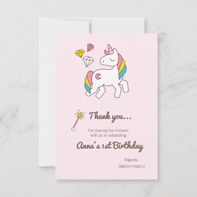 Födelsedag. Cute Unicorn med Cute Trollspö & Diamo Inbjudningar (Baksida)