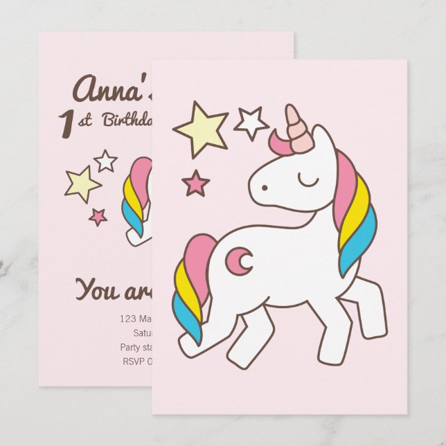 Födelsedag. Cute Unicorn med Cute Trollspö & Stars Inbjudningar (Fram/baksida)