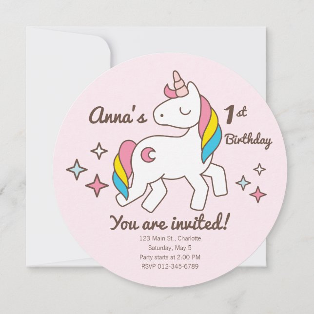 Födelsedag. Cute Unicorn med Sparkles. Inbjudningar (Baksida)