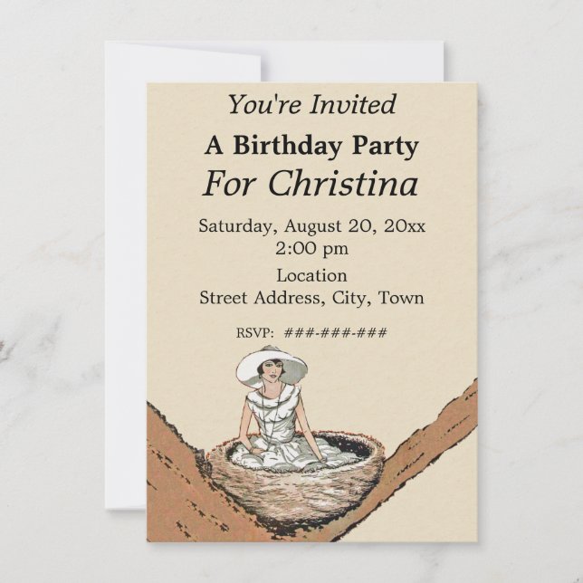 Födelsedag Dam i vita Sitta i Bird Nest Träd Inbjudningar (Framsida)