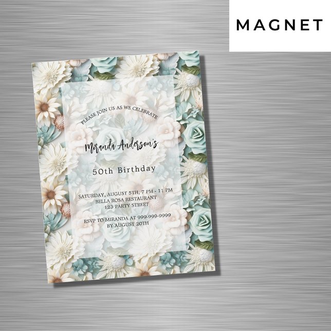 Födelsedag dammig grön vit blomsterlyx magnetisk inbjudningskort (Skapare uppladdad)