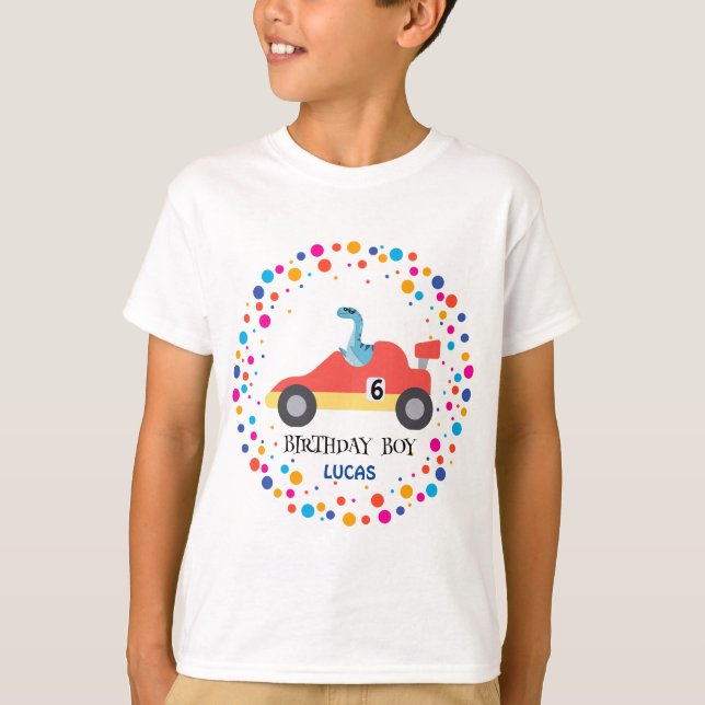 Födelsedag Dinosaur tävling, bilpojke röd tävla na T Shirt (Framsida)
