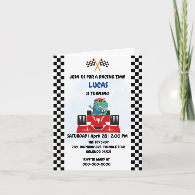 Födelsedag Dinosaur tävling-bilpojken Red tävla ch Inbjudan (Framsida)