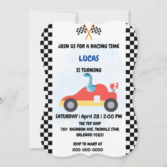 Födelsedag Dinosaur tävling-bilpojken Red tävla ch Inbjudningar (Framsida)
