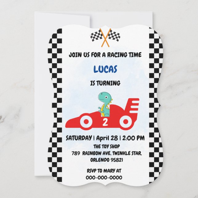 Födelsedag Dinosaur tävling-bilpojken Red tävla ch Inbjudningar (Framsida)