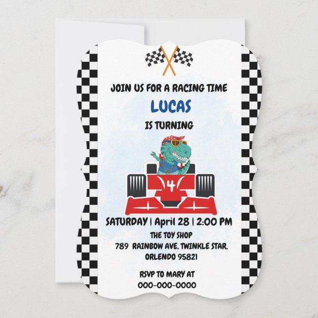 Födelsedag Dinosaur tävling-bilpojken Red tävla ch Inbjudningar (Framsida)