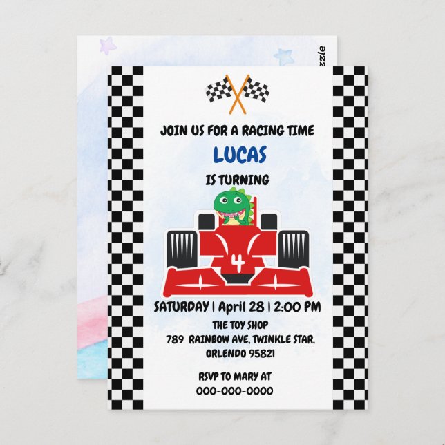 Födelsedag Dinosaur tävling-bilpojken Red tävla ch Vykort (Fram/baksida)