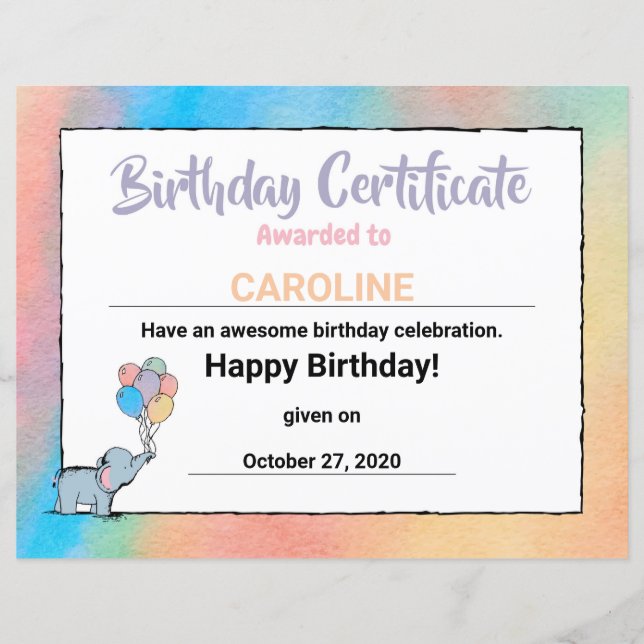 Födelsedag Elefant Knutte med Ballonger Certifikat (Framsida)