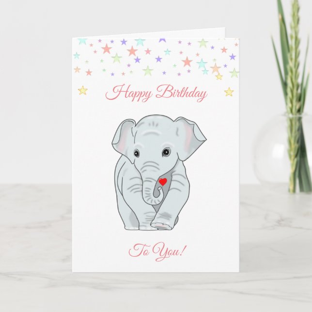 Födelsedag elefant och flerfärgade stjärnor  kort (Framsida)