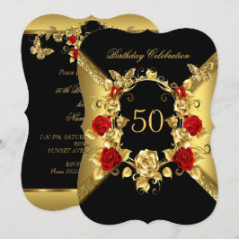 Födelsedag Elegant Guld Röd ros Black 2 Inbjudningar