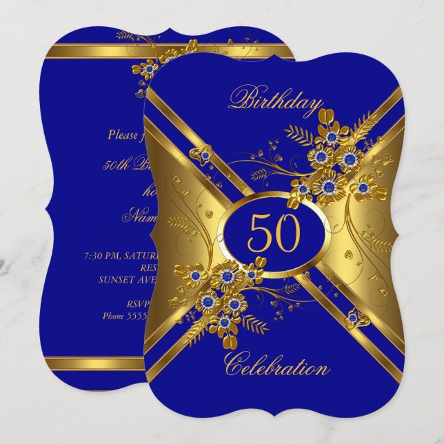 Födelsedag Elegant Guld Royal Blå Blommig Inbjudningar (Fram/baksida)