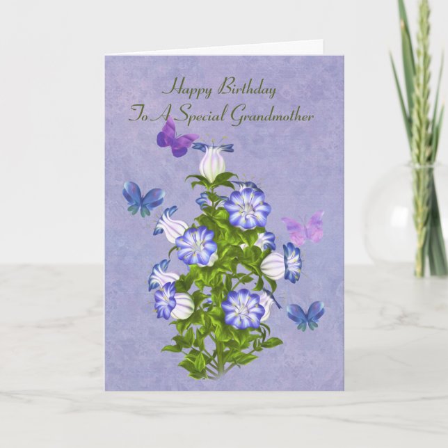 Födelsedag, farmor, fjärilar och blommor kort (Framsida)