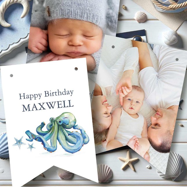 Födelsedag Flaggor Kids Nautical Octopus Photo (Birthday party signs nautical blue under the sea theme watercolor octopus art Victoria Grigaliunas)