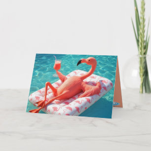 Födelsedag Flamingo Relaxing på en Bassäng Mattres Kort