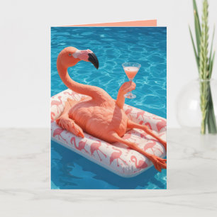 Födelsedag Flamingo Relaxing på en Bassäng Mattres Kort