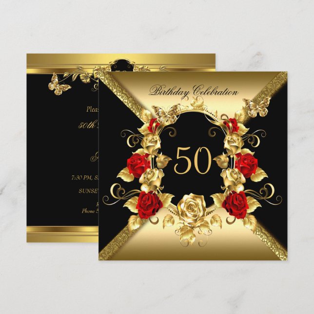Födelsedag för alla åldrar Elegant Guld Röda Rosor Inbjudningar (Fram/baksida)