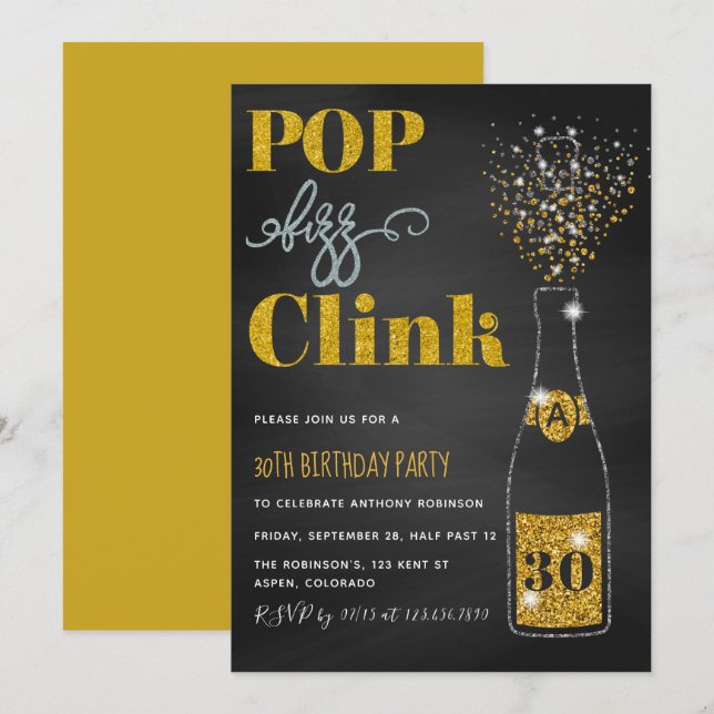 Födelsedag för alla åldrar pop fizz clink glitter  inbjudningar (Fram/baksida)