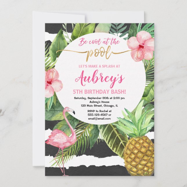 Födelsedag för bassängpartyflicka, tropisk inbjudningar (Framsida)