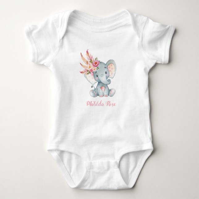 Födelsedag för blom- elefantbaby Romper för Tutu T Shirt (Framsida)