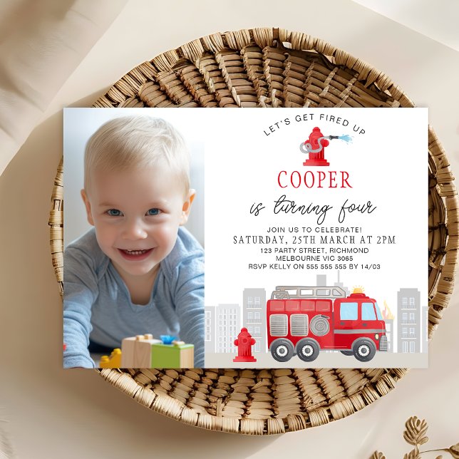 Födelsedag för brandsläckare i fotorött inbjudningar (Lets Get Fired Up Firefighter Birthday Invitation Template, Fire Engine Birthday Invitation Hydrant)