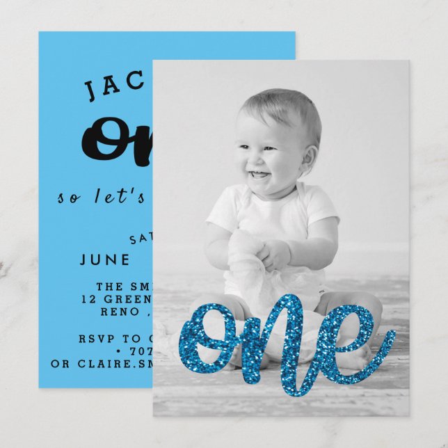 Födelsedag för foto för pojkeblåttglitter första inbjudningar (Fram/baksida)