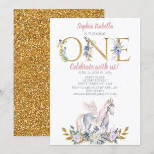 Födelsedag för guld- glitter för Unicorn första Inbjudningar