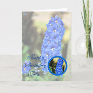 Födelsedag för Juli härlig blåttLarkspur blomma Kort