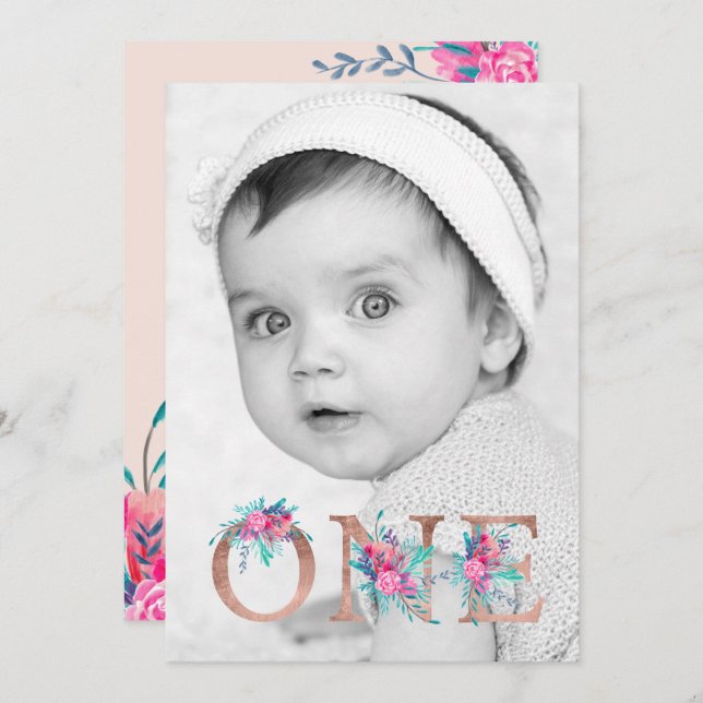  födelsedag för Photo Ro guld blommigt brev 1:a fö Inbjudningar (Fram/baksida)