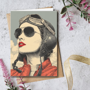 Födelsedag för resenär Vintage Retro Flygarflicka Kort