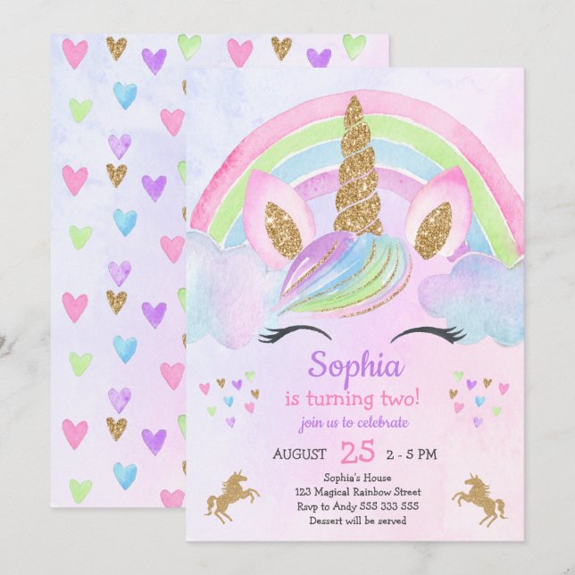 Födelsedag för sjöfärgsflicka i Guld Glitter Cute  Inbjudningar (Fram/baksida)