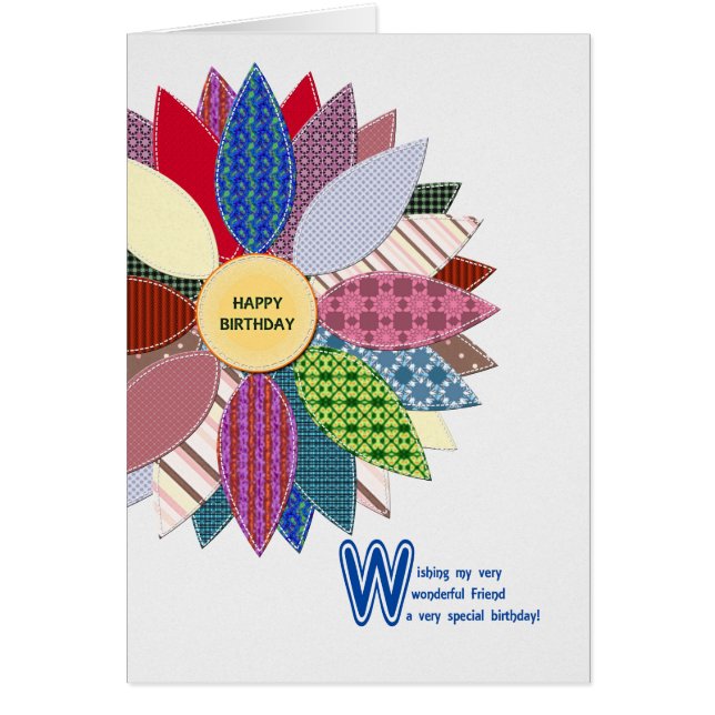 Födelsedag för vän, sydd blomma hälsningskort (Framsidan)