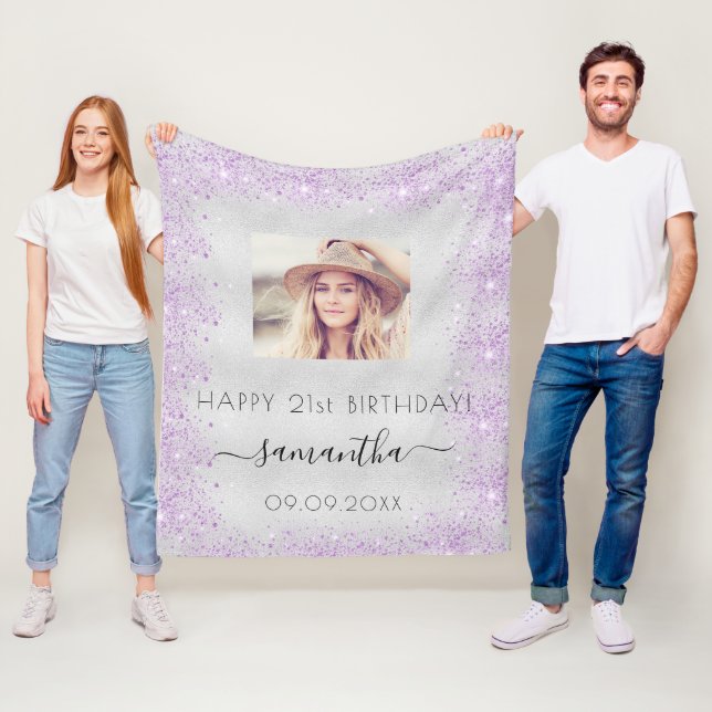 Födelsedag fotot silver lila glitter stoftmonogram fleecefilt (På plats)