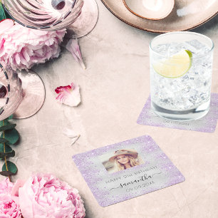Födelsedag fotot silver lila glitter stoftmonogram underlägg papper kvadrat