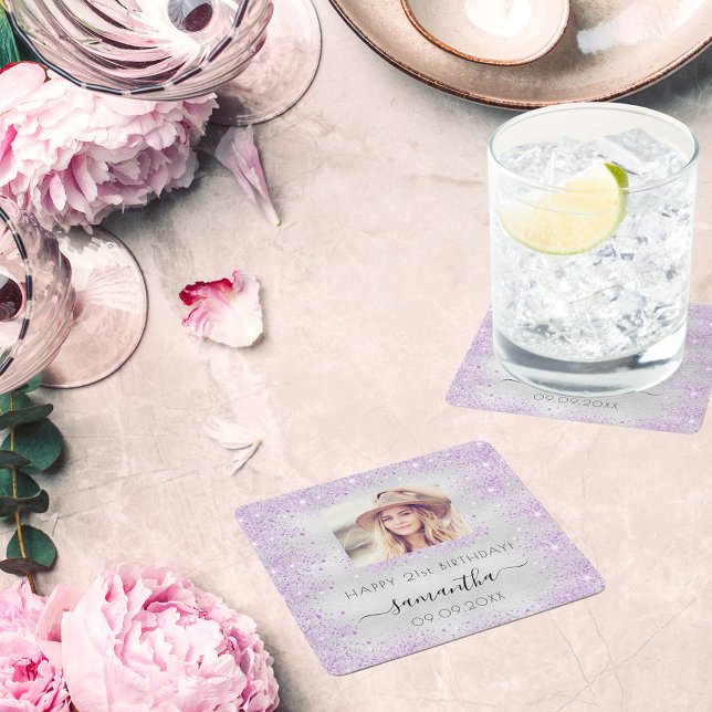 Födelsedag fotot silver lila glitter stoftmonogram underlägg papper kvadrat (Skapare uppladdad)
