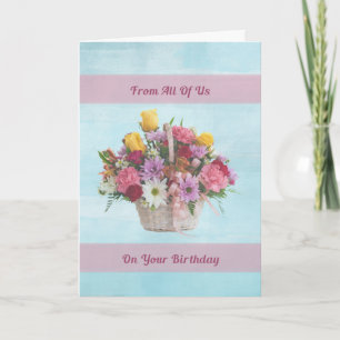 Födelsedag, från grupp, färgade blommor i Basket Kort