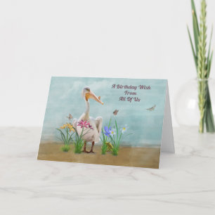 Födelsedag, från grupp, pelikan, blommor kort