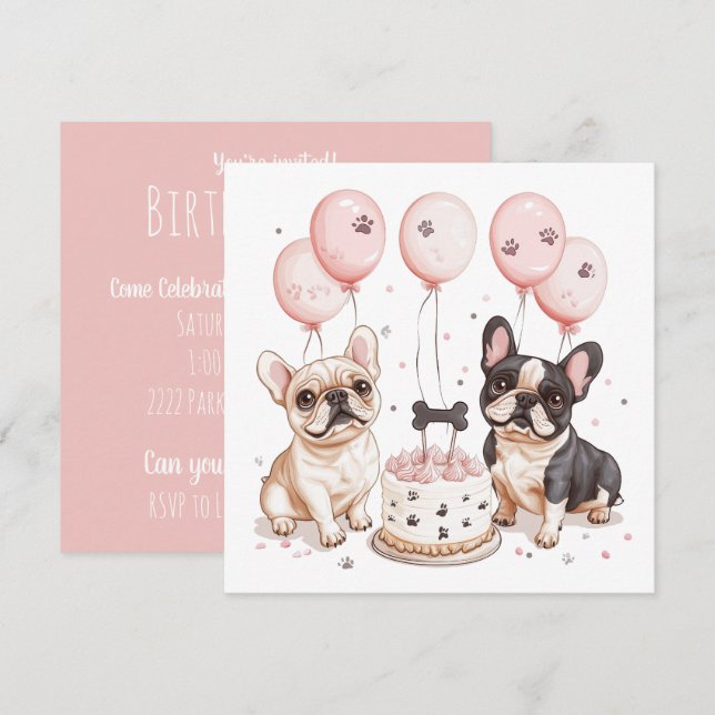 Födelsedag Fransk Bulldog Birthday Cake Inbjudningar (Fram/baksida)