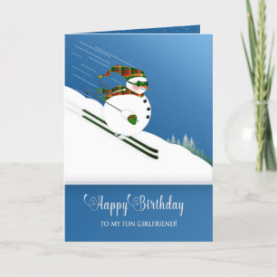 Födelsedag,Girlvän, Lycklig Snögubbe Skiing Kort