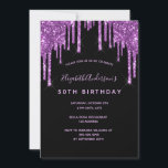 Födelsedag glitter droppar svart lila modern chic inbjudningar<br><div class="desc">En giftig och feminin 50:e (eller någon ålder) födelsedagsfest inbjudan. På framsidan: En svart bakgrund för chicen. Dekoreras med mörk lila faux glitter drops, färgdroppstift. Anpassa och lägg till information om namn och party. Namn är skrivet med ett handskript stil, light lila färgad brev. Bakåt: Svart bakgrund och faux glitter...</div>
