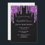 Födelsedag glitter droppar svart lila modern chic inbjudningar<br><div class="desc">En giftig och feminin 50:e (eller någon ålder) födelsedagsfest inbjudan. På framsidan: En svart bakgrund för chicen. Dekoreras med mörk lila faux glitter drops, färgdroppstift. Anpassa och lägg till information om namn och party. Namn är skrivet med ett handskript stil, light lila färgad brev. Bakåt: Svart bakgrund och faux glitter...</div>