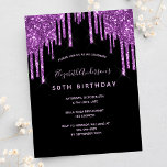 Födelsedag glitter kör svart lila inbjudan<br><div class="desc">En giftig och feminin 50:e (eller någon ålder) födelsedagsfest inbjudan. På framsidan: En svart bakgrund för chicen. Dekoreras med mörk lila faux glitter drops,  färgdroppstift. Anpassa och lägg till information om namn och party. Namn är skrivet med ett handskript stil,  light lila färgad brev.</div>