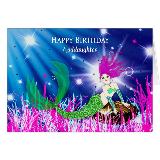 Födelsedag, Goddotter, Sjöjungfru i djuphavsområde Hälsningskort (Framsidan Horizontal)