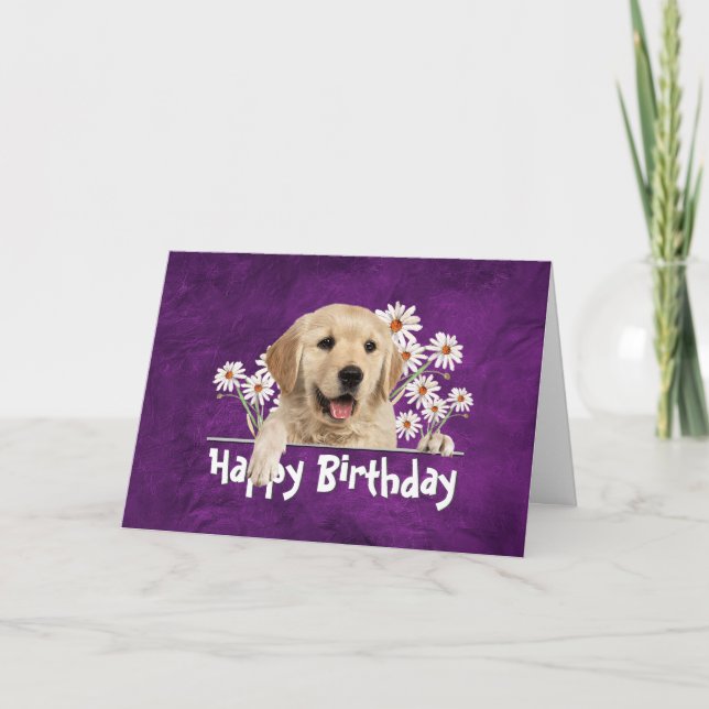 Födelsedag Golden Retriever på Lila Leather Kort (Framsida)