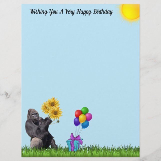 Födelsedag Gorilla med ballonger och solblommor (Baksida)