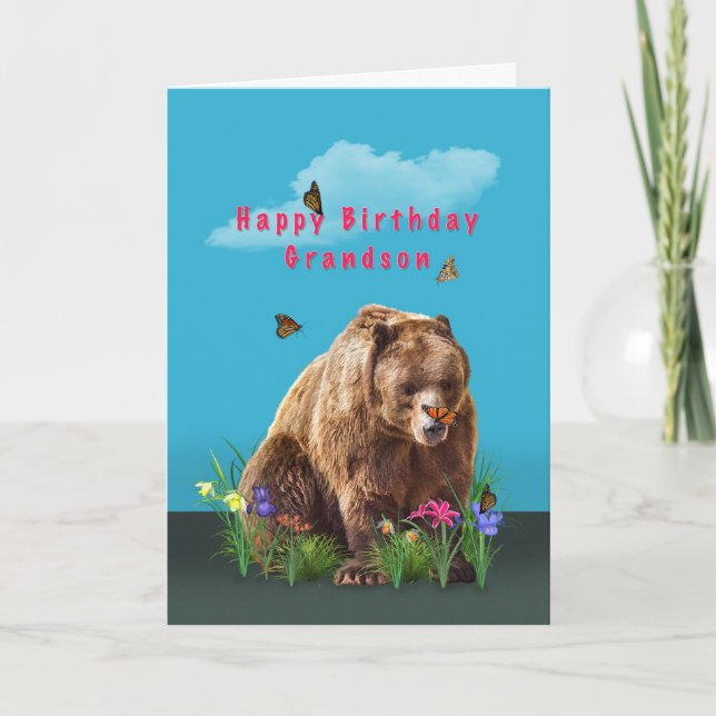 Födelsedag, Grandson, Bear och Butterflies Kort (Framsida)