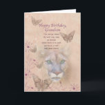 Födelsedag, Grandson, Cougar och Butterflies Kort<br><div class="desc">Ögat av en kumars jämna grönt utgår från en bakgrund av muterad persika och rosa. Butterflies och blommor dekorerar kant i bilden. Med de huvudsakliga delarna av bilden nedtonade i bakgrunden är det övergripande utseendet mjukt och drömmande, vilket står i kontrast till den stora kattens grymhet. Detta tema för styrka...</div>